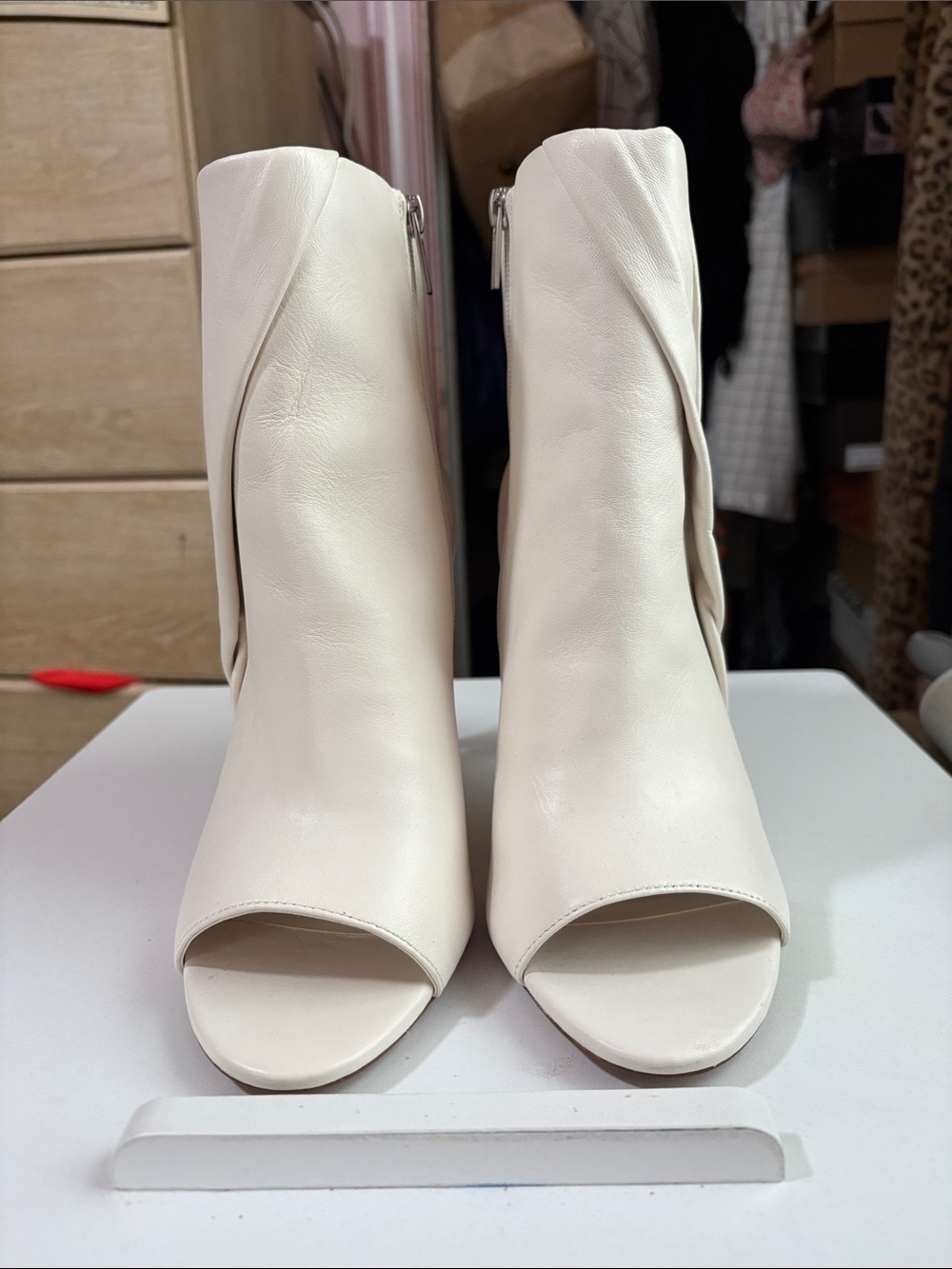 Vince Camuto Cream Peep-Toe Leather Booties with Side Zip